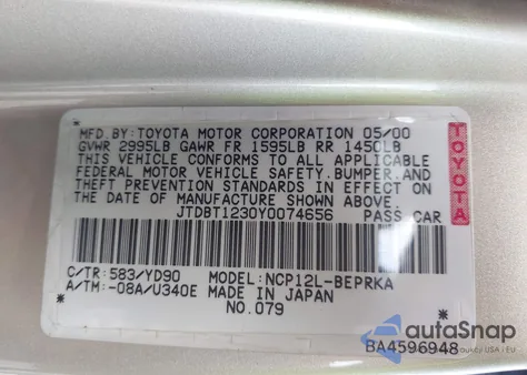 2000 Toyota Echo from USA, damaged, VIN JTDBT1230Y0074656